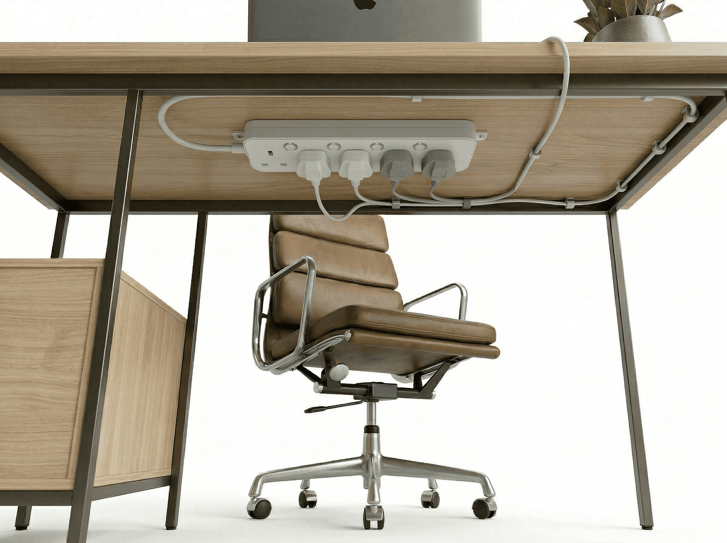 Syncra power strip mounted under a desk with devices plugged in